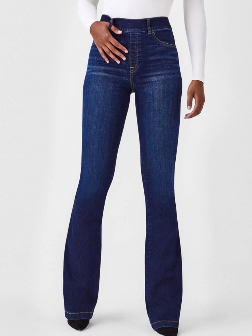 SPANX Pull On Flare Leg High Rise Stretch Denim Jeans Dark Wash Sz XL
